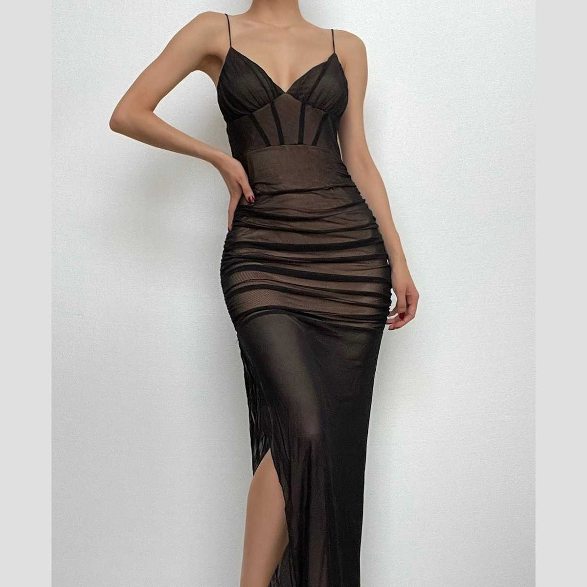 Mesh v neck ruched slit zip-up spaghetti strap maxi dress - View 3