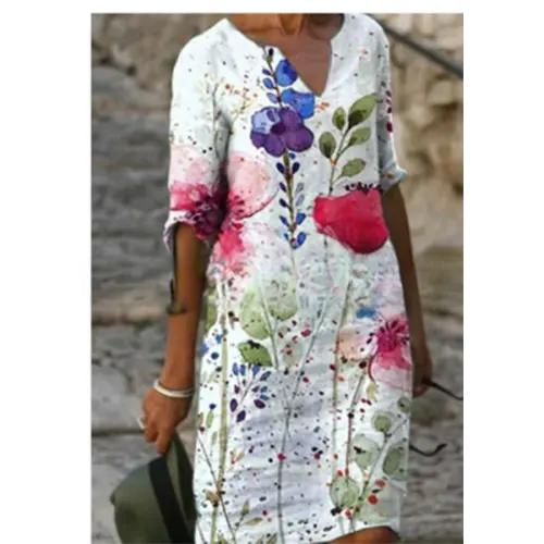 V-Neck Three Quarter Sleeve Relaxed Fit Knee Length Shift Dress - View 5
