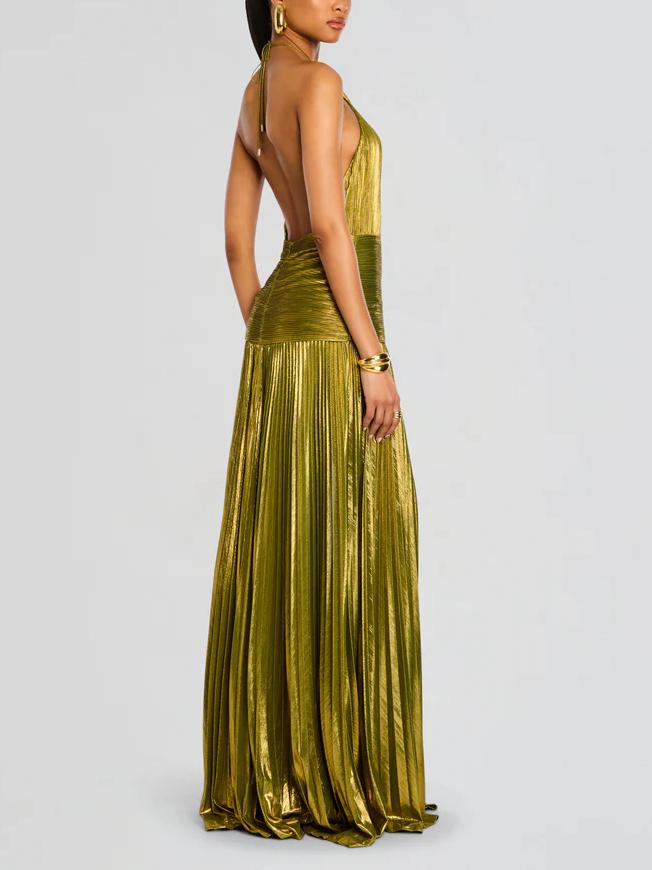 Metallic Halter Neck Wrap Ruched Waist Pleated High Split Maxi Gown - View 4