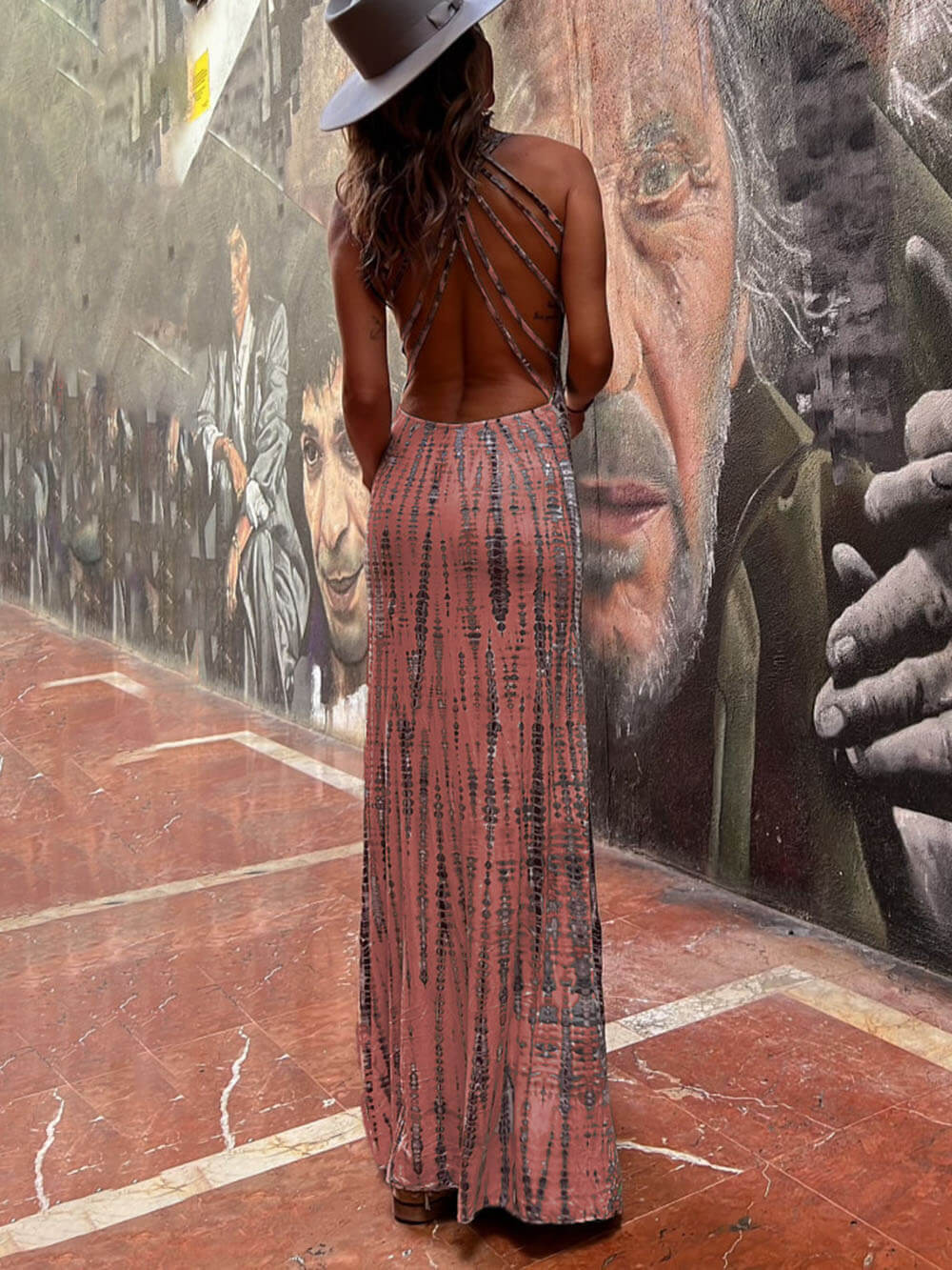 Tie - dye Print Back Lace - up Stretch Maxi Dress - View 10