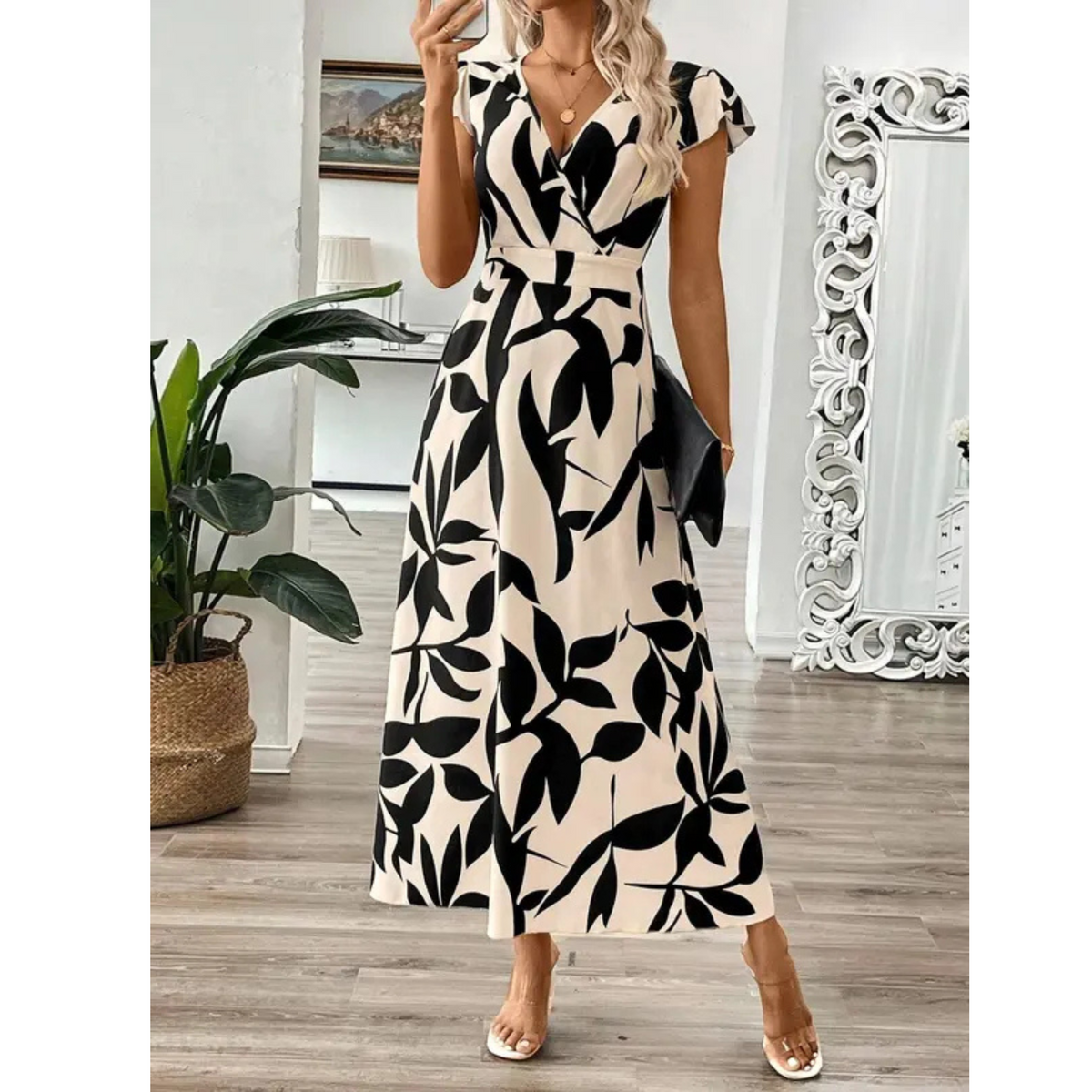 Floral Print V-Neck Cap Sleeve Fit and Flare Maxi Dress 3