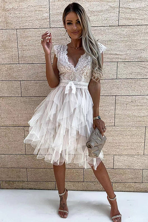 Lace Bodice V-Neck Cap Sleeve Tie Waist Tiered Tulle Mini Dress 3