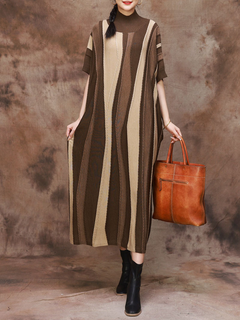 Half High Collar Pattern Midi Dress