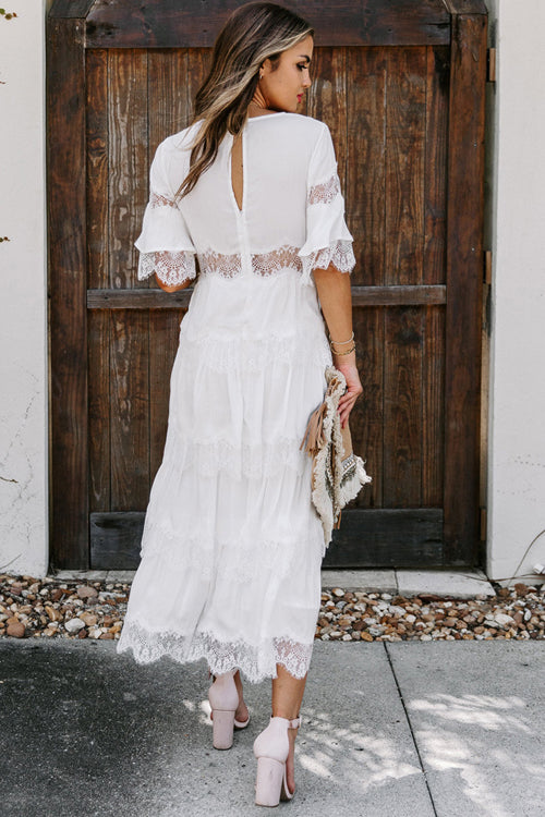 V-Neck Short Sleeve Lace Trim Tiered Boho Maxi Dress 4