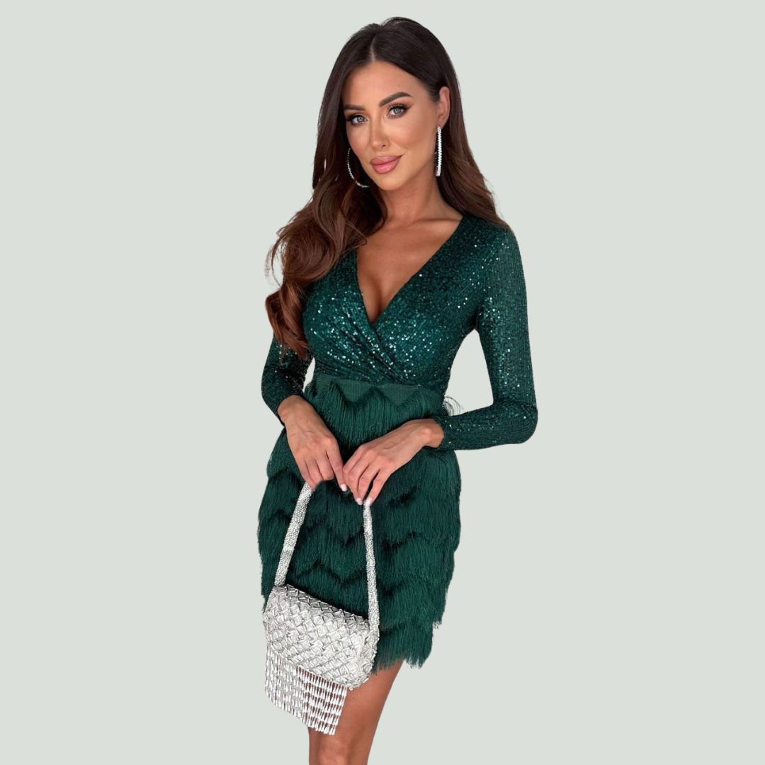 Sequin Wrap Deep V-Neck Long Sleeve Faux Cocktail Mini Dress - View 15