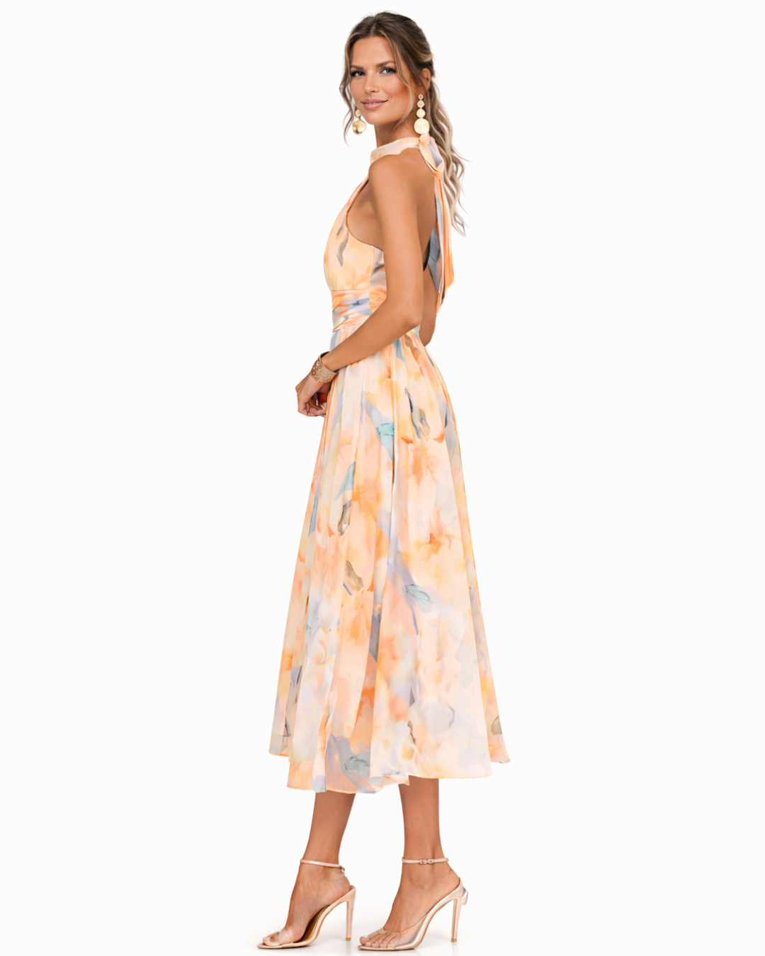 Floral Print Halter Neck Ruched Waist Pocket A-Line Maxi Dress 4