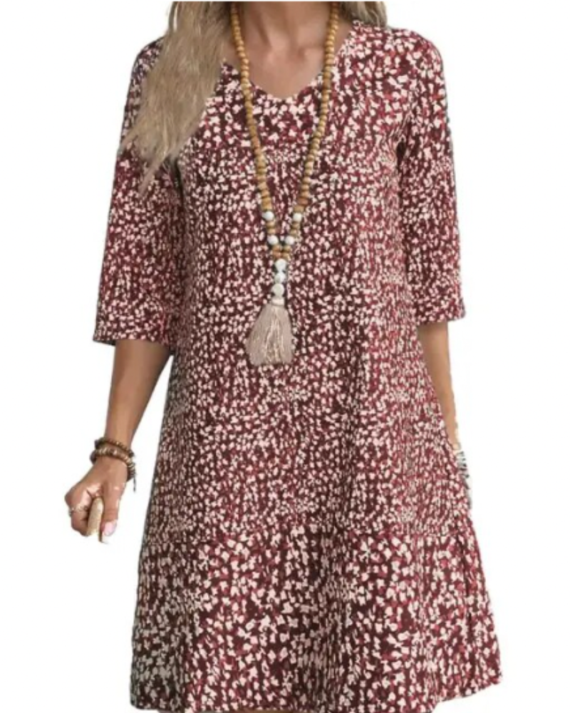 Abstract Print V-Neck Three Quarter Sleeve Tiered Shift Mini Dress - View 3