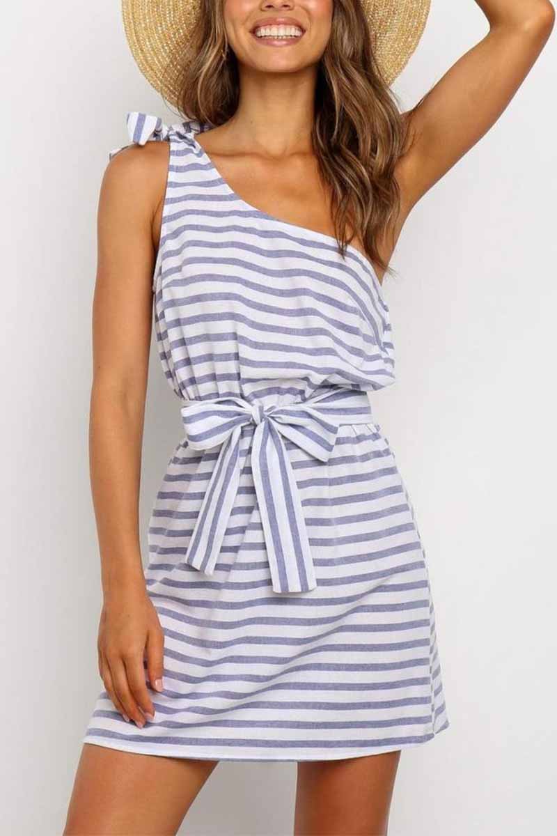 Florcoo Summer Sexy One-Shoulder Lace-Up Stripes Mini Dress - View 2