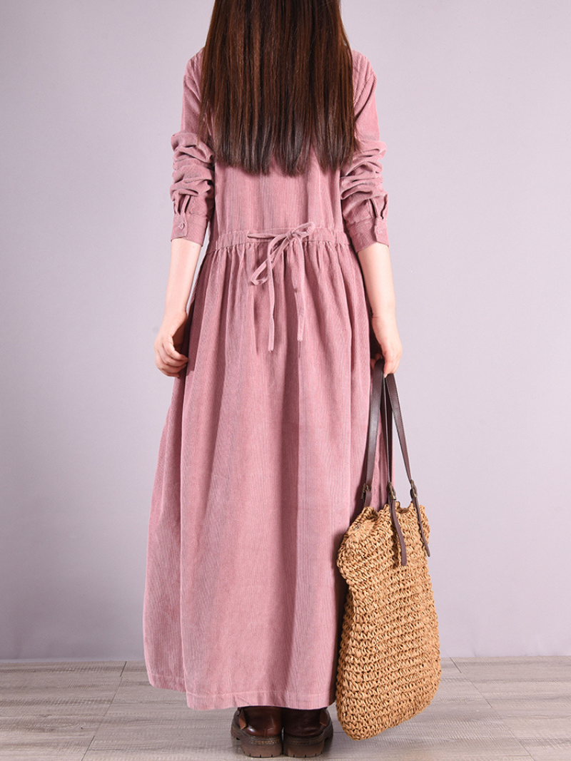 Corduroy Round Neck Button Front Long Sleeve A-Line Maxi Dress - View 3