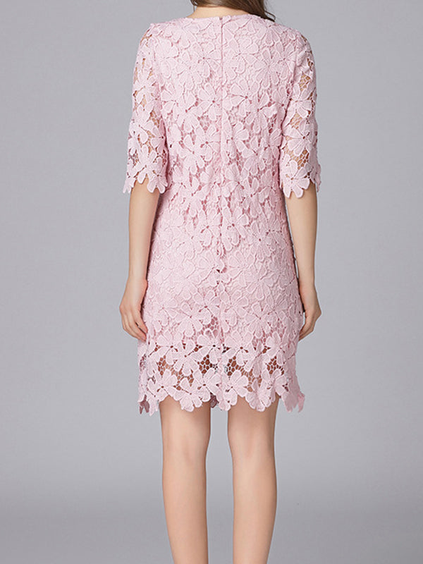 Floral Lace Round Neck Elbow Sleeve Scalloped Hem Shift Mini Dress - View 2