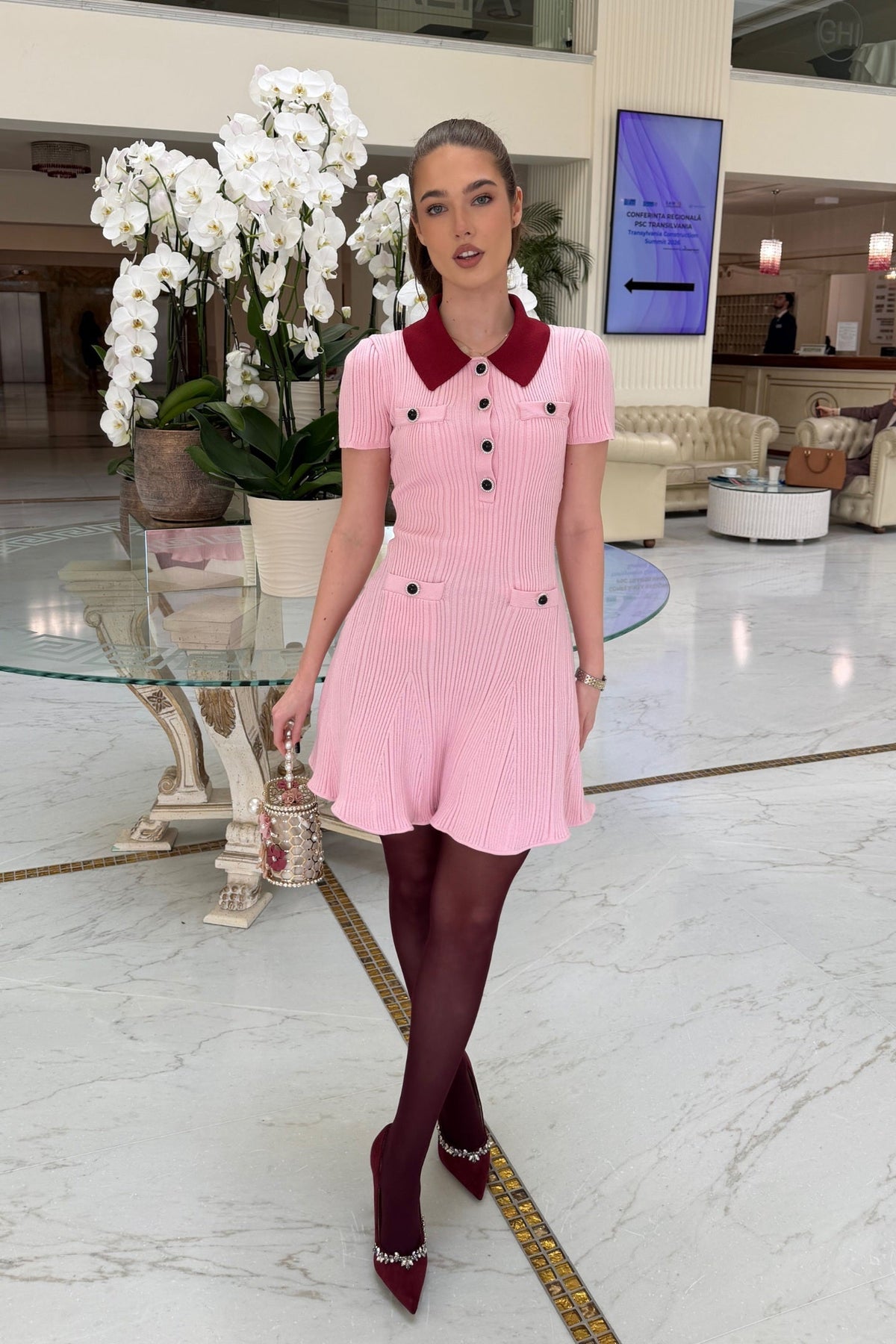 Ribbed Knit Contrast Collar Short Sleeve Button Front Mini Dress - View 4