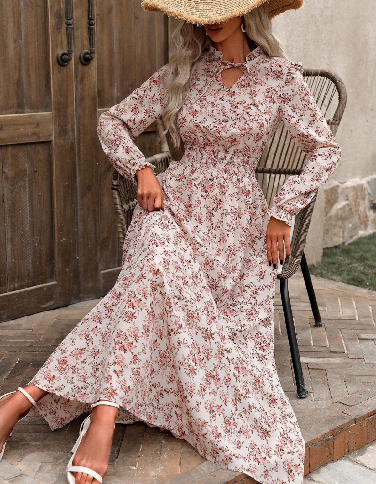 Ditsy Floral Keyhole Long Sleeve Smocked Waist Maxi Dress
