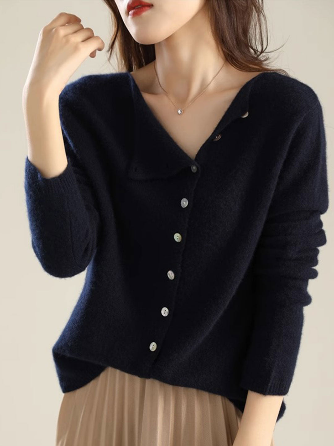 Foldover Collar Button Front Long Sleeve Knit Cardigan 13