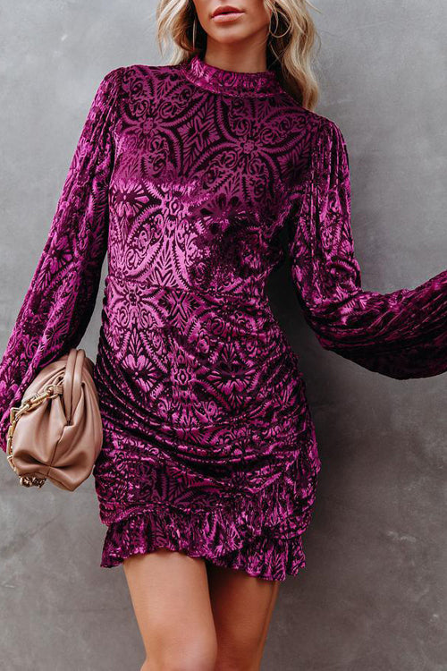 Burnout Velvet Mock Neck Long Sleeve Ruched Ruffle Hem Mini Dress