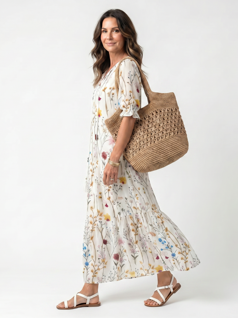 Botanical Floral V-Neck Ruffle Sleeve Tiered Maxi Dress 2
