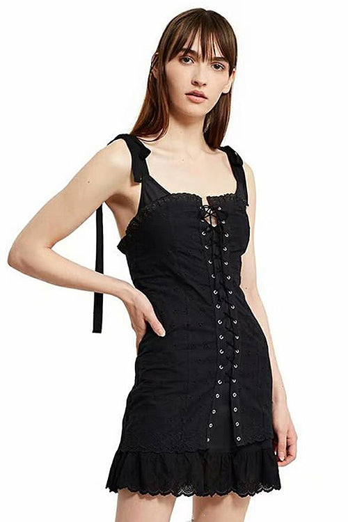 Tie Shoulder Eyelet Lace Up Corset Ruffle Hem Bodycon Mini Dress - View 2