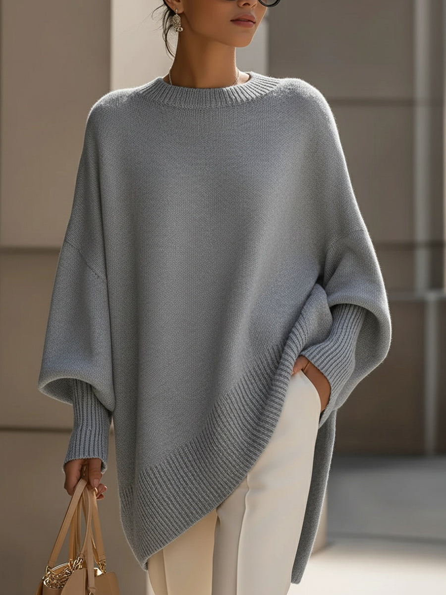 Crew Neck Oversized Asymmetric Hem Poncho Sweater 11