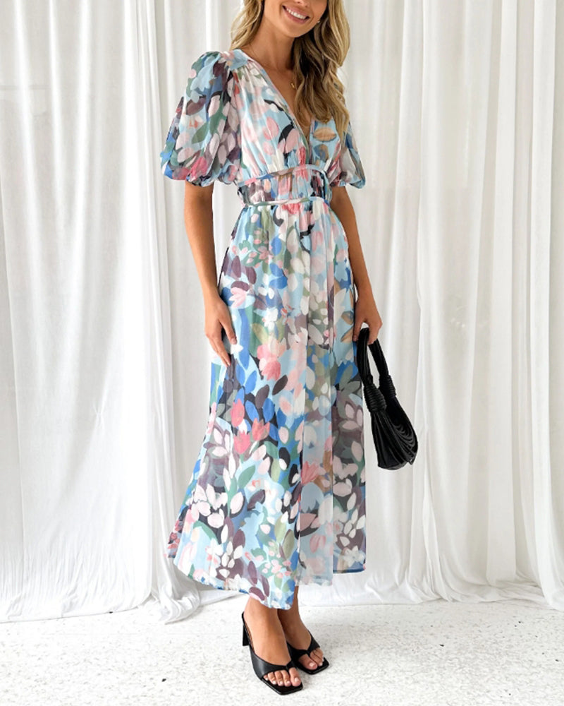 Floral Chiffon V-Neck Long Sleeve Ruched Waist Maxi Dress 9