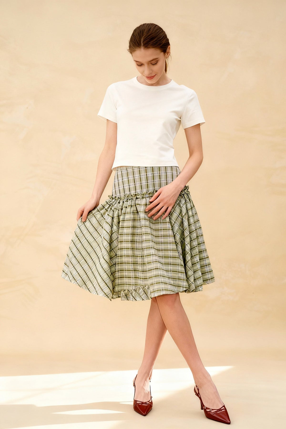 Plaid Tiered Ruffle A-line Skirt