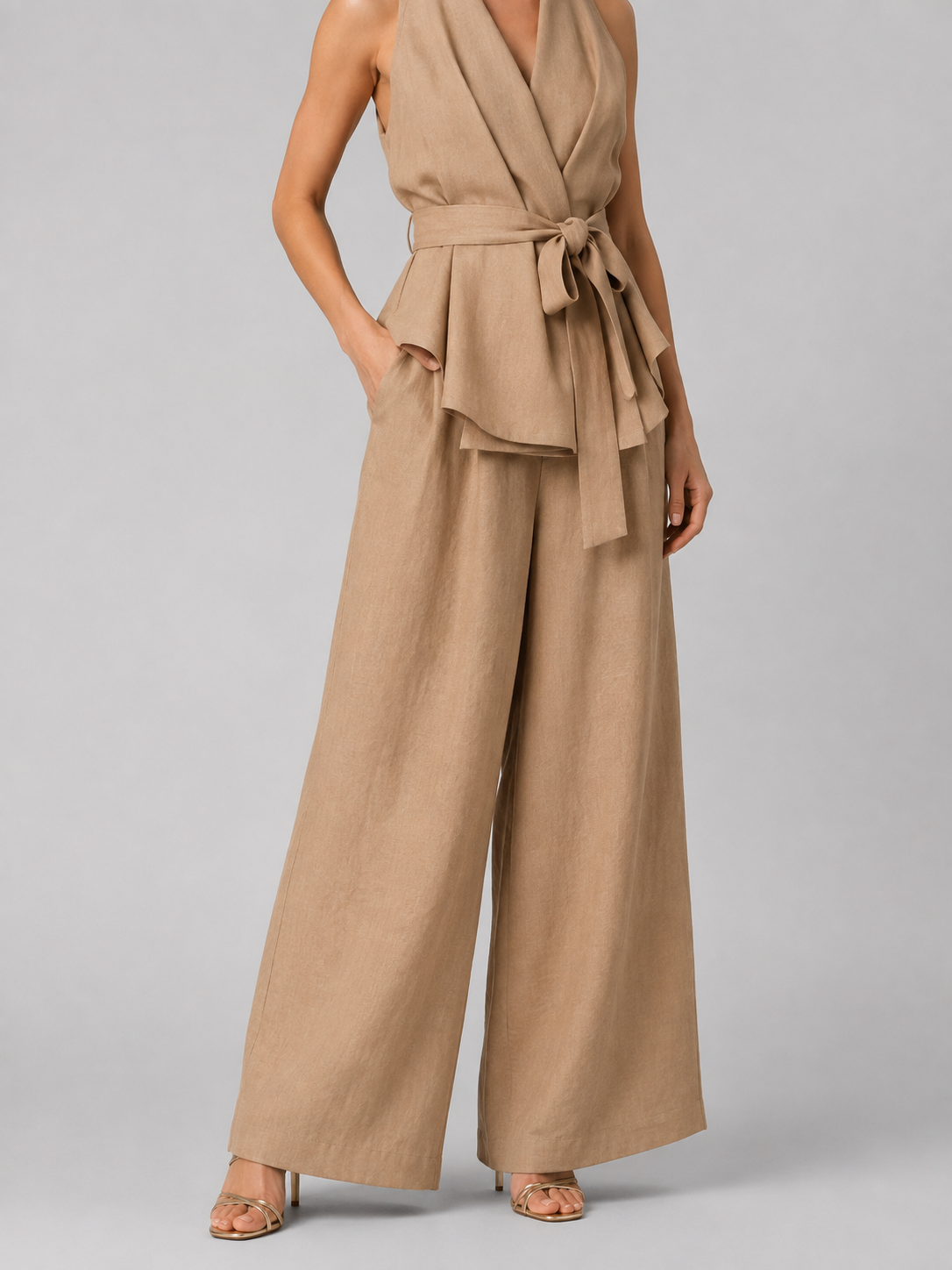 Sleeveless Shawl Collar Wrap Top and Wide Leg Pants Two Piece Set 9