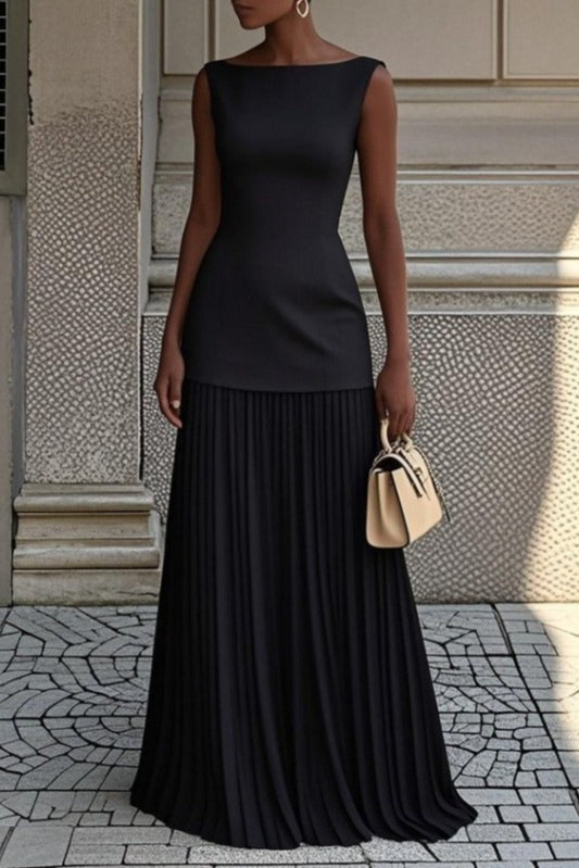 Boat Neck Sleeveless Dropped Waist Pleated Maxi Dress in White - View 4