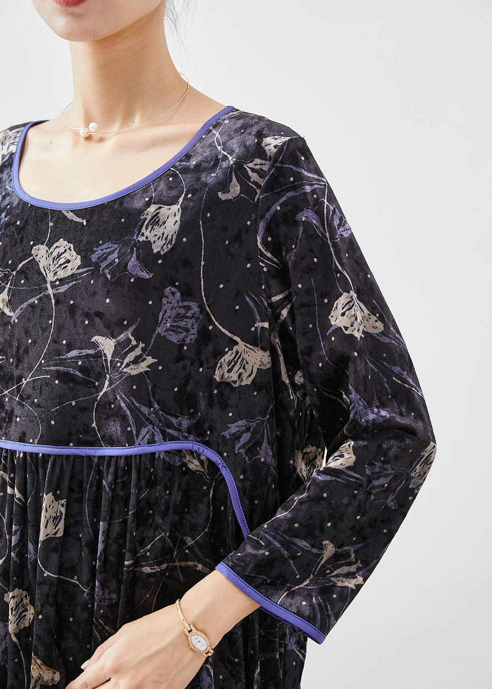 Velvet Floral Print Empire Waist Long Sleeve Lace Hem Set - View 5
