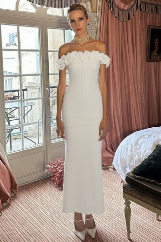 Off Shoulder Ruffle Trim Tie Front Bodycon Maxi Dress - View 5