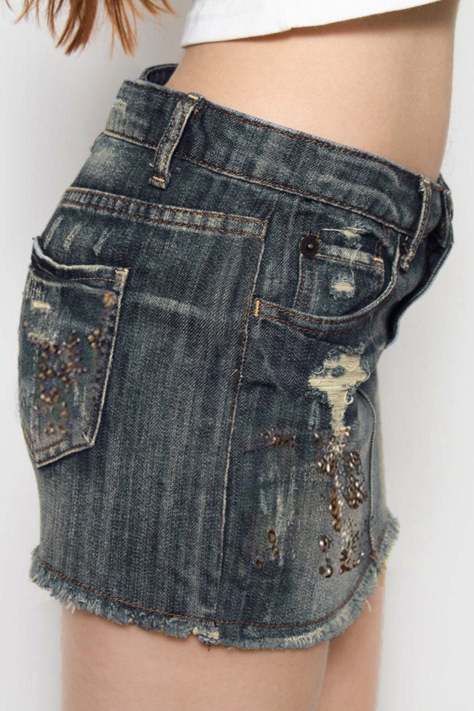 Vintage Washed Distressed Pleated Denim Mini Skort