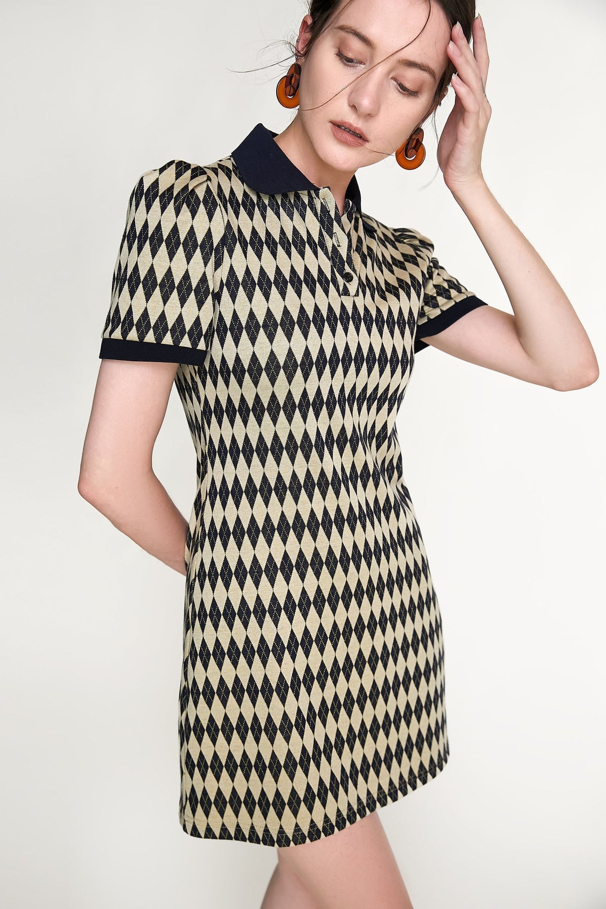 Argyle Knit Polo Collar Puff Sleeve Contrast Trim Mini Dress