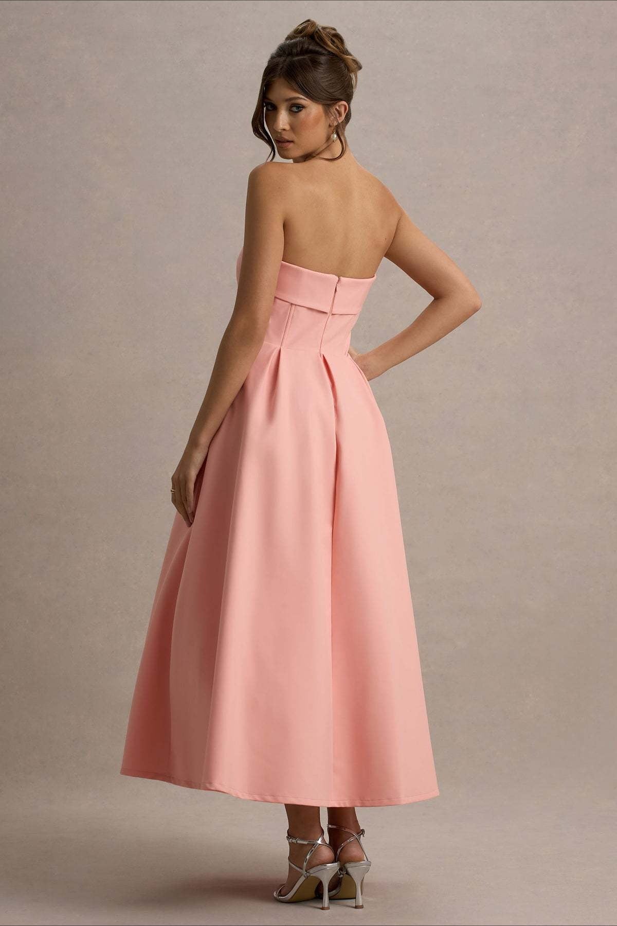 Strapless Fold Over Neck Box Pleat A-Line Midi Cocktail Dress - View 16