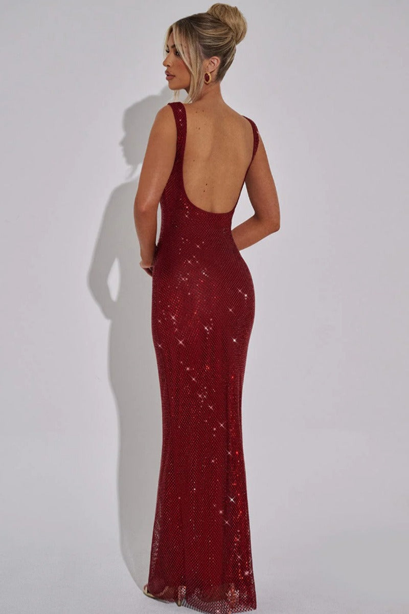 Rhinestone Mesh Square Neck Bodycon Maxi Dress - View 6