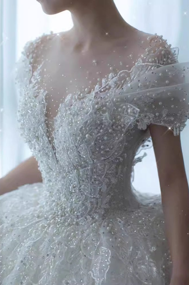 Pearl Beaded Sequin Lace Illusion Neck Off Shoulder Ball Gown