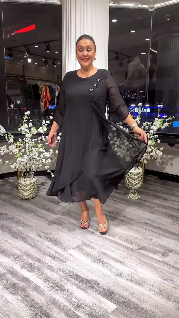 Chiffon Floral Applique Bell Sleeve A-Line Midi Dress - View 7