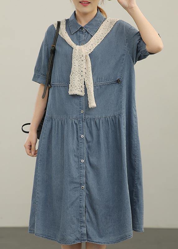 Crochet Lace Shawl Denim Button Front Tiered Midi Shirt Dress Set - View 2