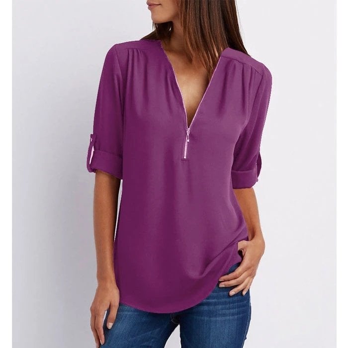 V-Neck Zip Front Roll Tab Sleeve Chiffon Blouse 5