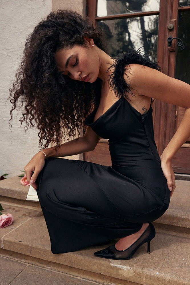 Satin Cowl Neck Feather Trim Bodycon Maxi Dress - View 4