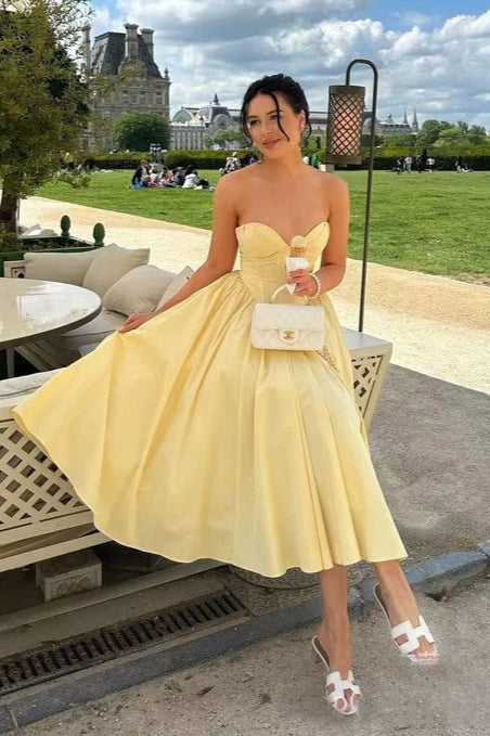 Strapless Bow Corset Satin Fit and Flare Midi Dress