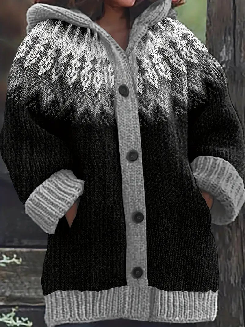 Hooded Button Front Fair Isle Knit Longline Cardigan 2