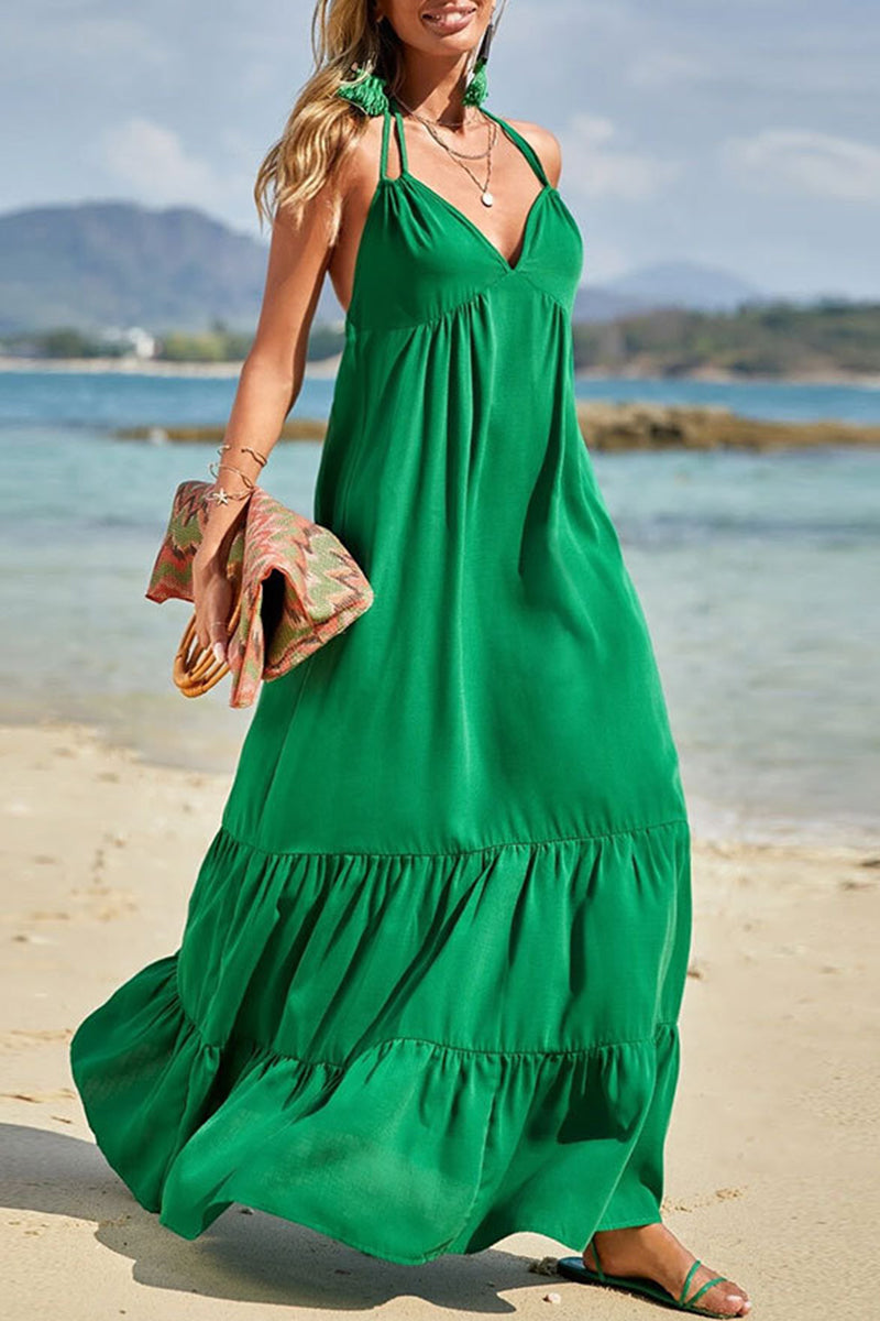 Halter Neck Deep V-Neck Tiered Ruffle Empire Waist Summer Maxi Dress - View 3