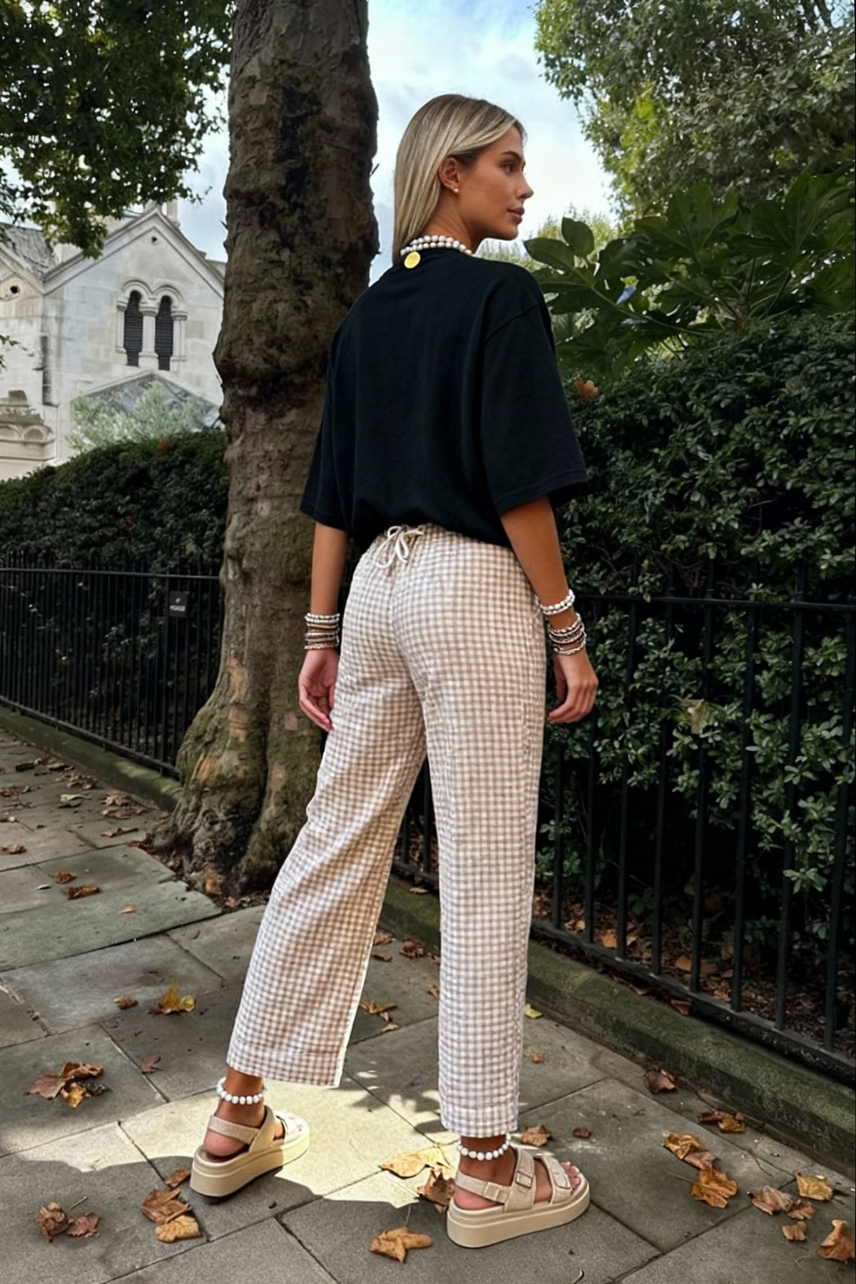 Gingham Print Elastic Waist Drawstring Lounge Pant