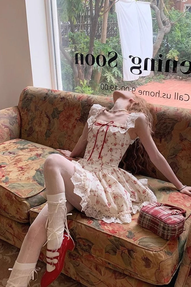 Floral Lace Trim Bow Fit and Flare Mini Dress - View 2