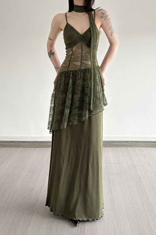 Lace Trim Sheer Waist Tie Cami Maxi Lace Dress in Green - View 2