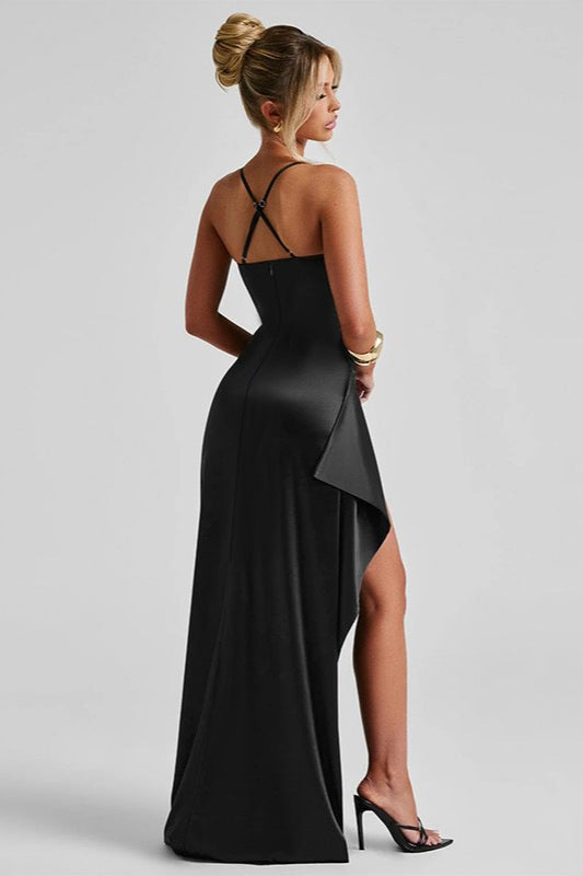 Satin Cowl Neck Spaghetti Strap Ruched High Split Maxi Dress - View 7
