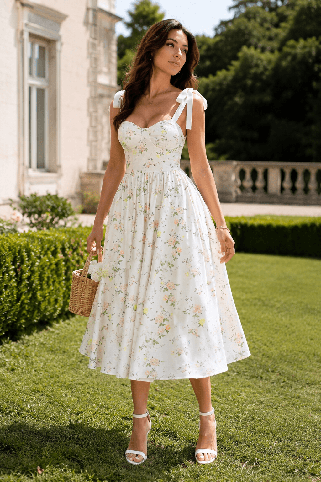 Floral Tie Strap Sweetheart Fit and Flare Midi Dress