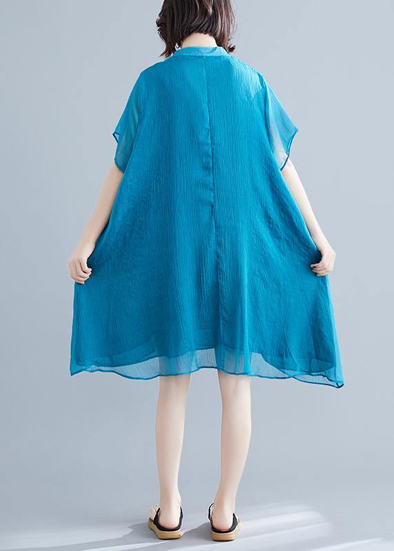 Stand Collar Tie Neck Cap Sleeve Ruffle Pocket Chiffon Mini Dress - View 4