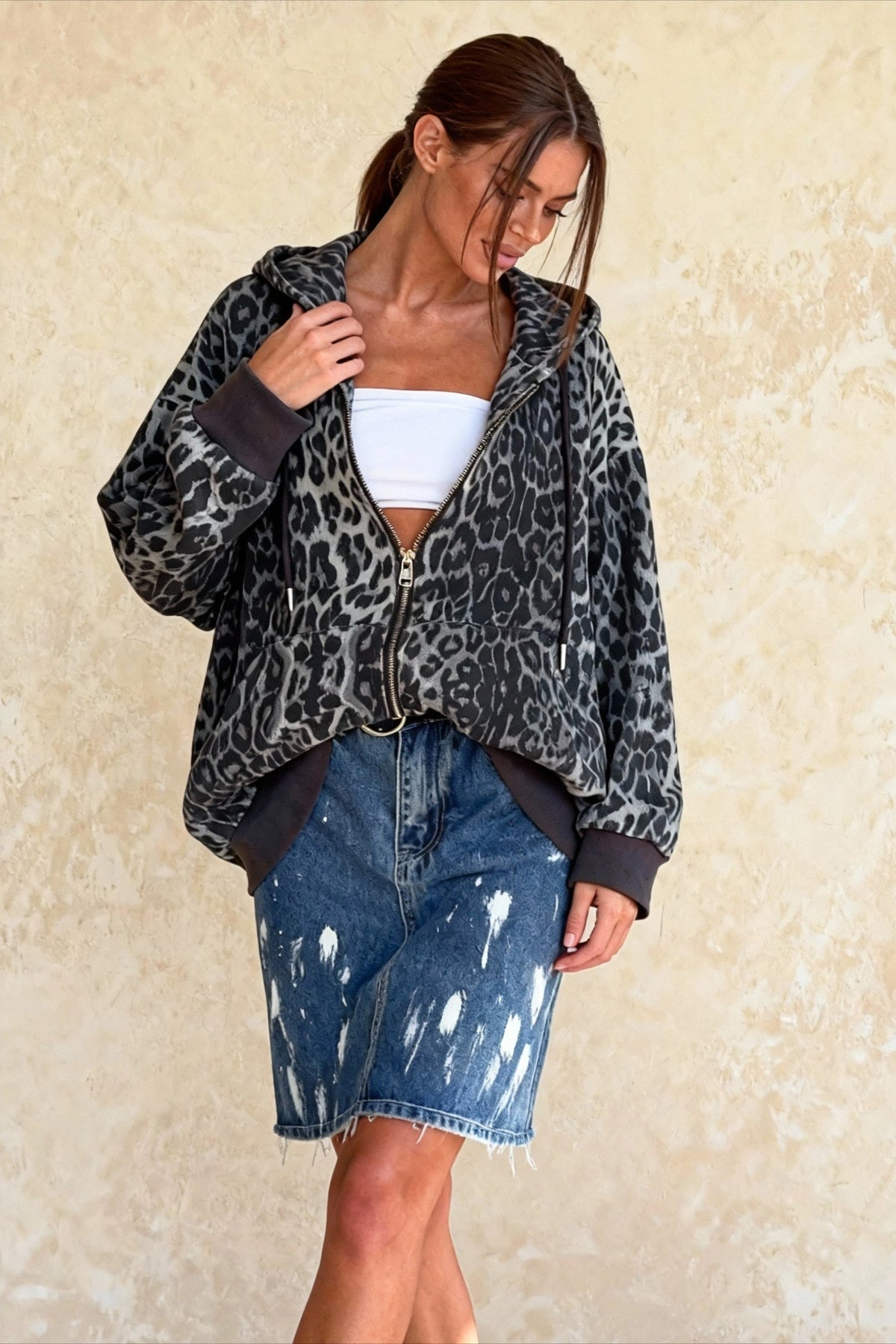 Leopard Print Zip Color-Block Hoodie