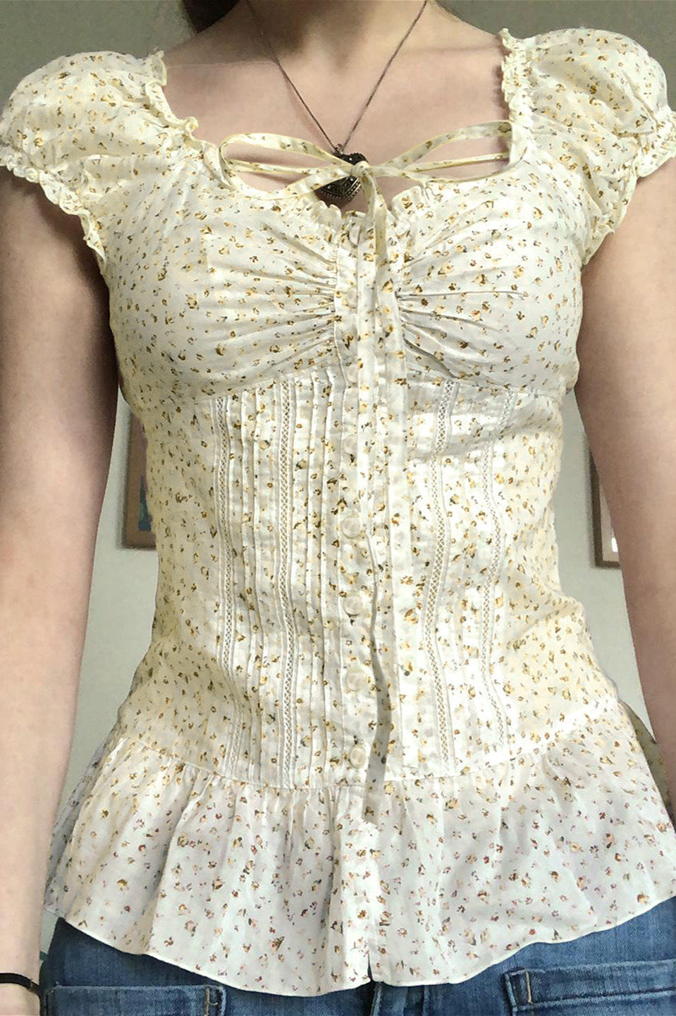 Vintage Floral Tie Buttoned Puff Sleeve Blouse