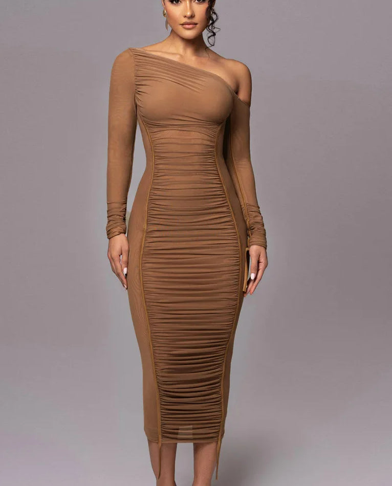 Diagonal Collar Draped Mesh Maxi Dress in Brown - View 2
