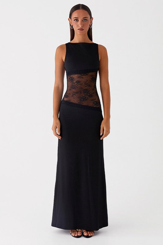 Backless Lace Sheer Mesh Satin Dress