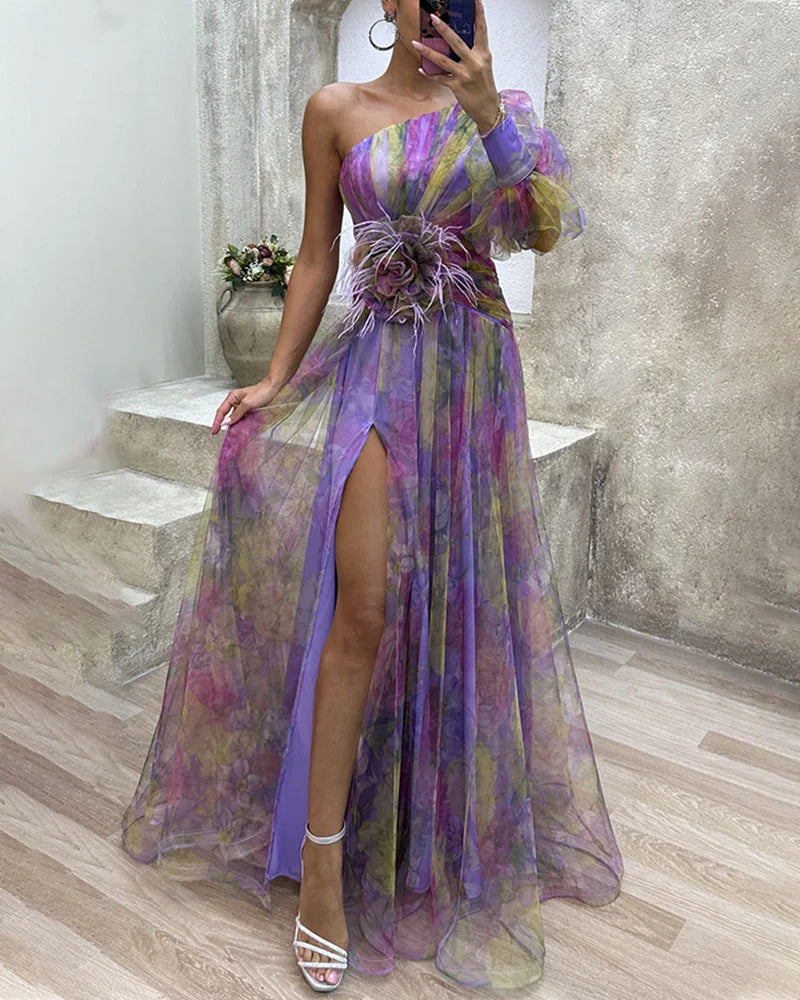 Floral Print One Shoulder Feather Trim High Split A-Line Maxi Dress - View 8